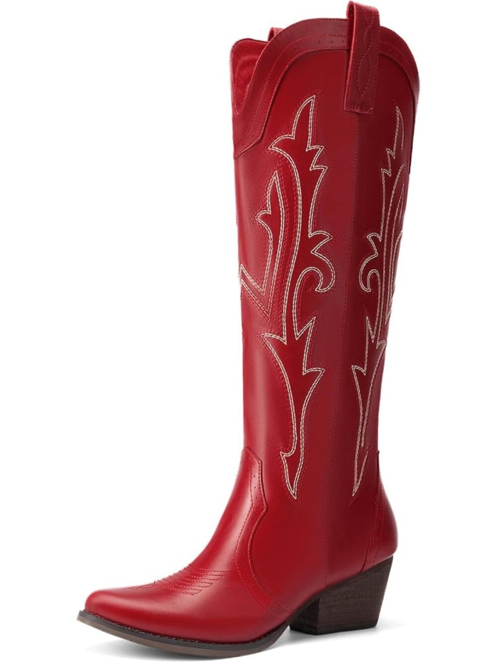 DREAM PAIRS Women's Red Cowgirl Knee High Boots Square Toe Western Side Zipper